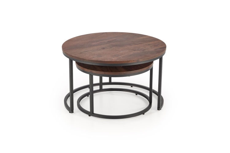 Stolik kawowy okrągły podwójny loftowy z blatem orzech i metalową podstawą.