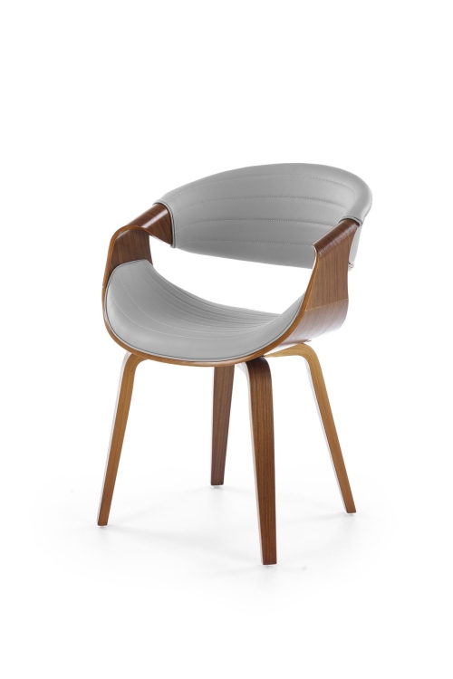 Krzesło drewniane tapicerowane K544 szare z giętą sklejką w kolorze orzecha.