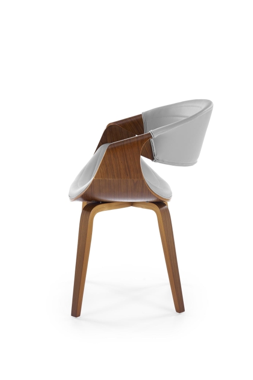 Krzesło drewniane tapicerowane K544 szare z giętą sklejką w kolorze orzecha.