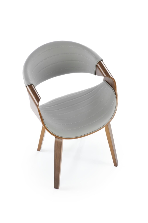 Krzesło tapicerowane drewniane szare K544 z zaokrąglonym oparciem i drewnianą konstrukcją.