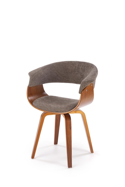 Krzesło drewniane tapicerowane K545 szare z giętą sklejką w kolorze orzecha i nowoczesną formą.