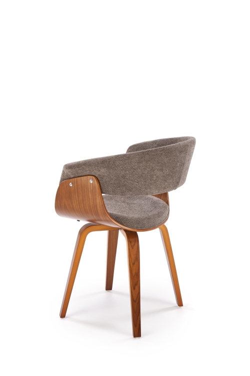 Nowoczesne krzesło tapicerowane szare K545 z zaokrąglonym oparciem i drewnianą podstawą.