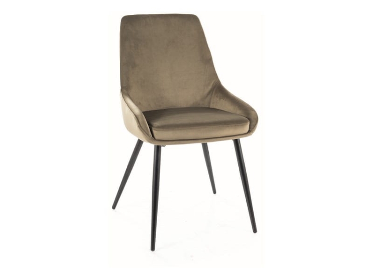 Krzesło nowoczesne do salonu COBE oliwkowe z aksamitną tapicerką, metalowa konstrukcja, designerska forma.