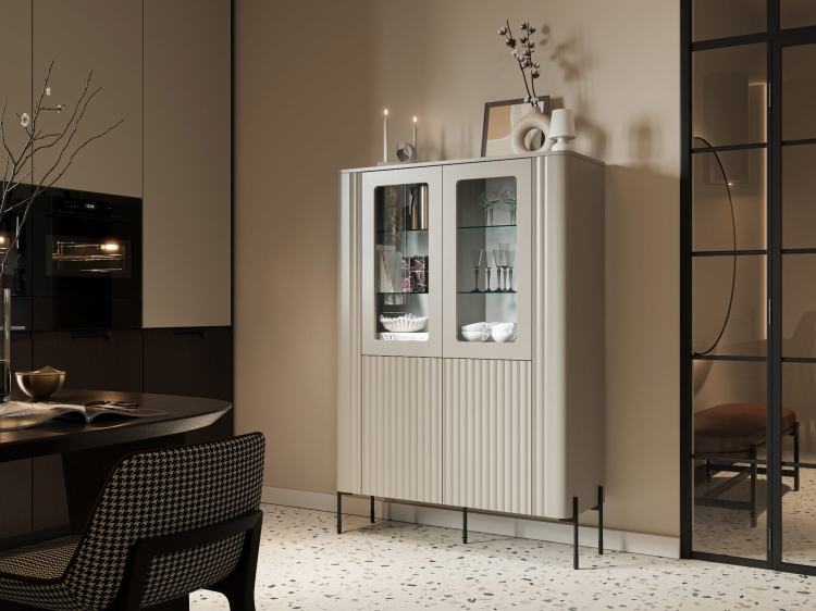 witryna do salonu vera w kolorze kaszmiru z ryflowanymi frontami i przeszkloną częścią