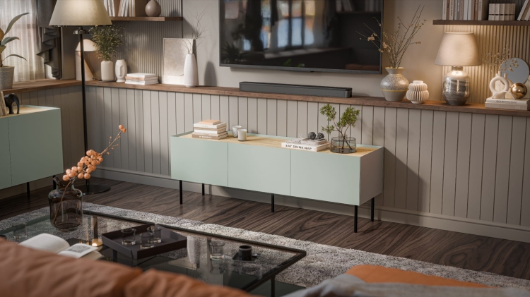 Stylowa szafka RTV w kolorze oliwki do nowoczesnego salonu.