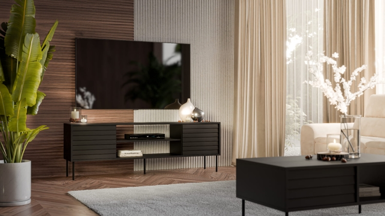 Czarna szafka RTV matowa z eleganckimi frezowanymi frontami.