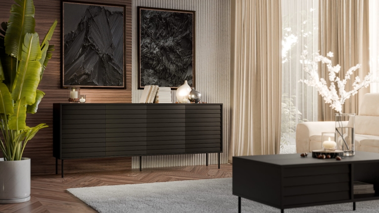 komoda z lamelami cortina czarna z pionowym rytmem frontów i nowoczesnym stylem