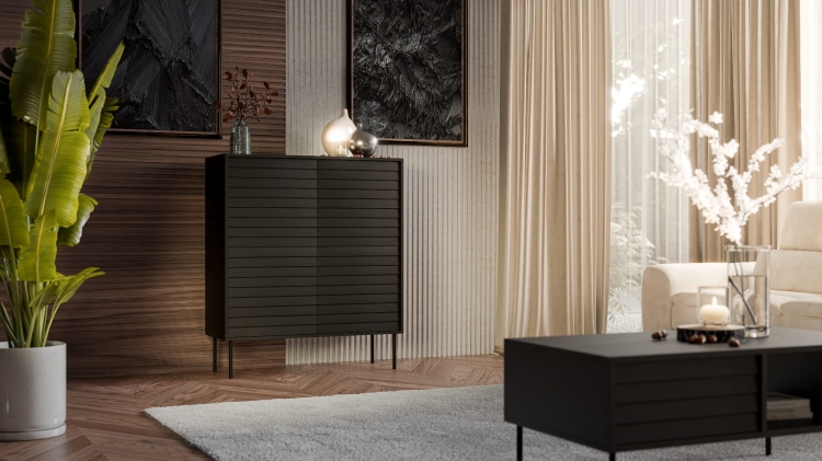 czarna komoda cortina 100 wysoka matowa na metalowych nóżkach do salonu