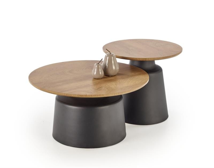 Stolik kawowy drewniany MALOMI zestaw okrągły, nowoczesny stolik kawowy do salonu w naturalnym kolorze