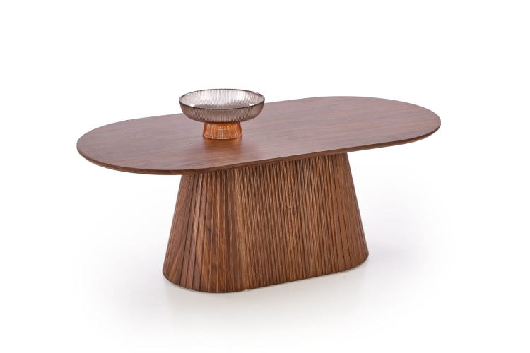 Nowoczesny stolik kawowy orzech GISELA owalny do salonu 120 cm z ciekawą podstawą.