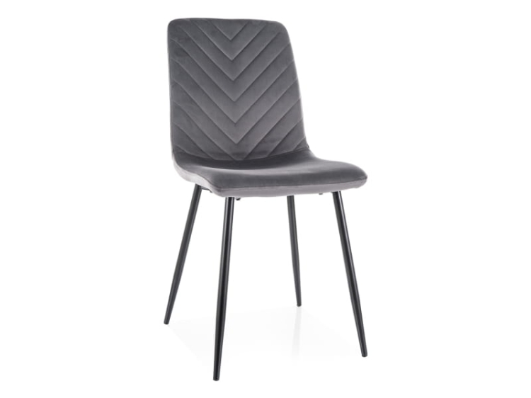 Krzesło welurowe DAREN szare z pionowymi przeszyciami, czarne stalowe nogi, nowoczesny design, aksamitna tapicerka.