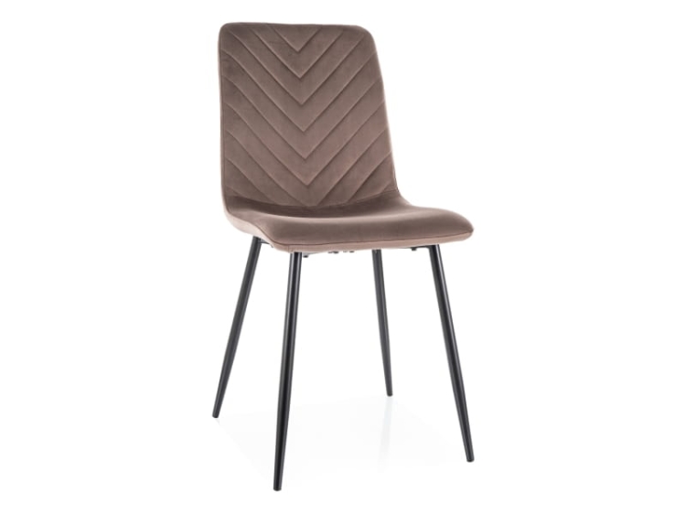 Nowoczesne krzesło do salonu DAREN cappuccino z miękkim siedziskiem, czarne nogi stalowe, elegancki design.