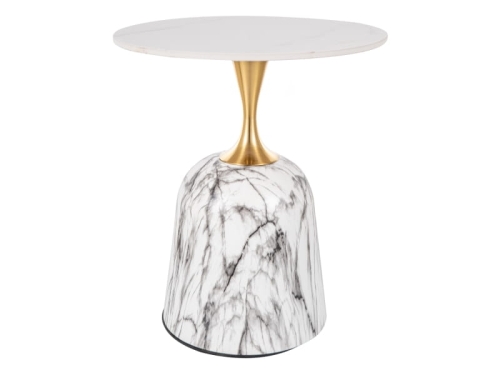 Stolik kawowy złoty z marmurowym blatem i podstawą w efekcie białego marmuru ze złotym akcentem do salonu glamour.