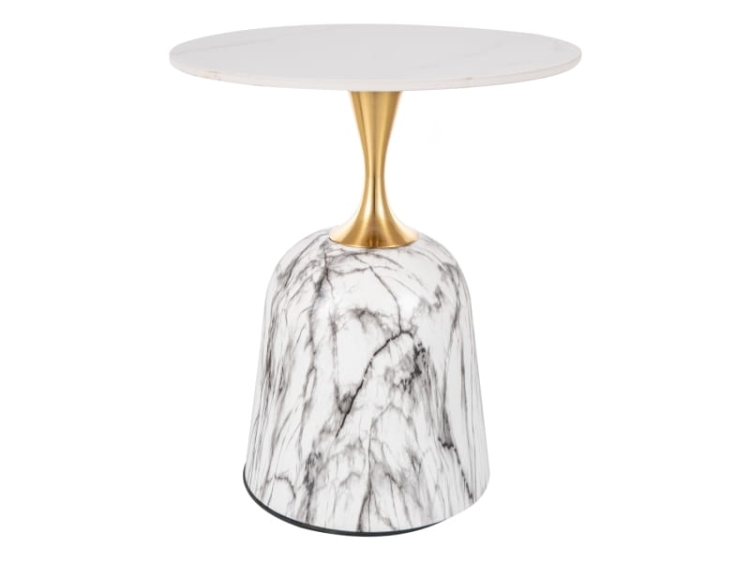 Stolik kawowy złoty z marmurowym blatem i podstawą w efekcie białego marmuru ze złotym akcentem do salonu glamour.