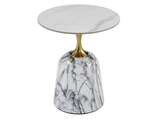 Stolik kawowy marmur biały z elegancką złotą podstawą i ceramicznym blatem w nowoczesnym stylu.
