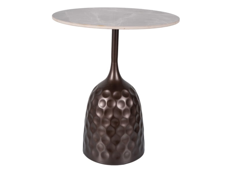 Stolik kawowy marmurowy prezentuje elegancki model z szarym blatem o efekcie marmuru i solidną metalową podstawą w kolorze antycznego brązu.