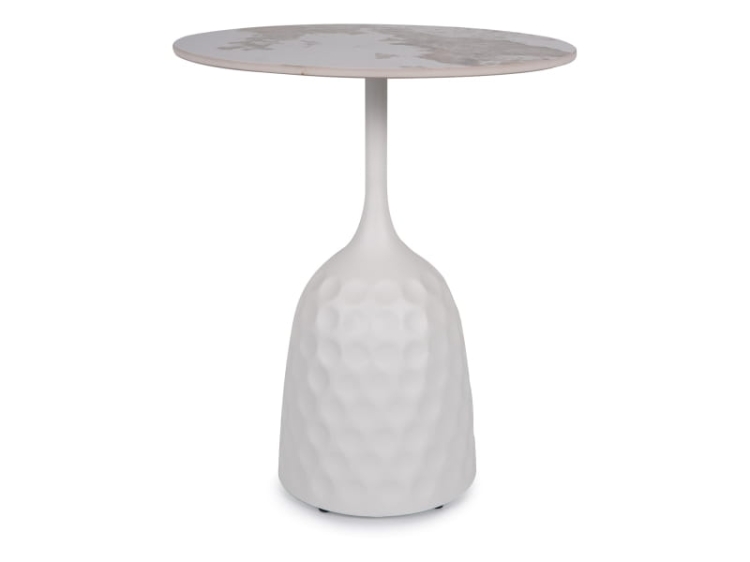 Stolik kawowy biały okrągły prezentuje elegancki model z ceramicznym blatem w połysku marmuru i stabilną metalową podstawą do nowoczesnego salonu.