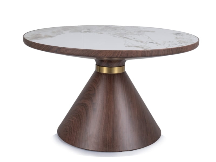 Stolik kawowy marmurowy okrągły z białym blatem ceramicznym i elegancką podstawą w kolorze brązu i złota.