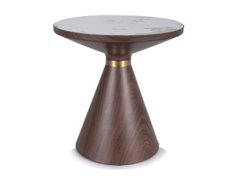 Stolik kawowy okrągły z ceramicznym blatem w efekcie marmuru i brązowo złotą podstawą do nowoczesnego salonu.