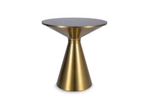 Stolik kawowy złoty z czarnym szklanym blatem i metalową podstawą w stylu glamour do eleganckiego salonu.