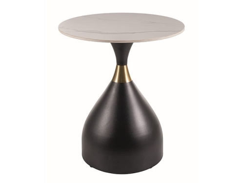 Stolik kawowy czarny okrągły z marmurowym blatem i metalową podstawą ze złotym detalem do eleganckiego salonu.