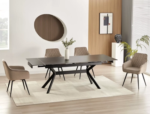 stół rozkładany imperia z ceramicznym blatem matowym, czarna metalowa podstawa, nowoczesna forma do jadalni
