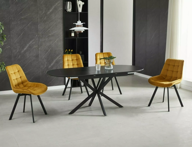 stół rozkładany z ceramicznym blatem w kolorze czarny mat, metalowa czarna podstawa, nowoczesny design do jadalni