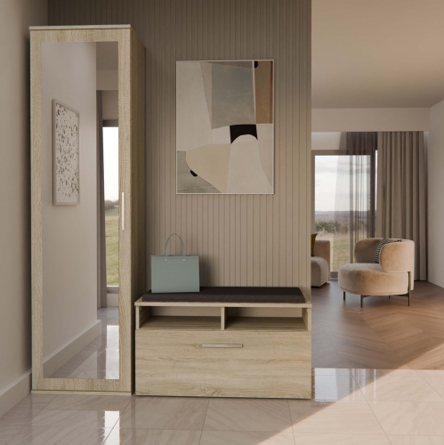 Garderoba do przedpokoju dąb sonoma DUET 50 cm z lustrem i szafą na ubrania jako funkcjonalne rozwiązanie do małego korytarza.