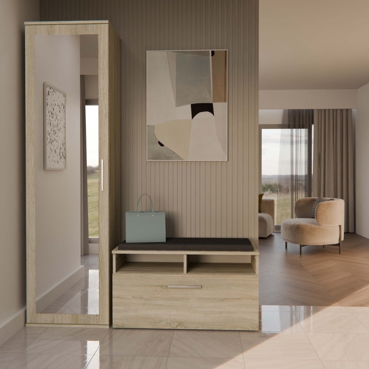 Garderoba do przedpokoju dąb sonoma DUET 50 cm z lustrem i szafą na ubrania jako funkcjonalne rozwiązanie do małego korytarza.