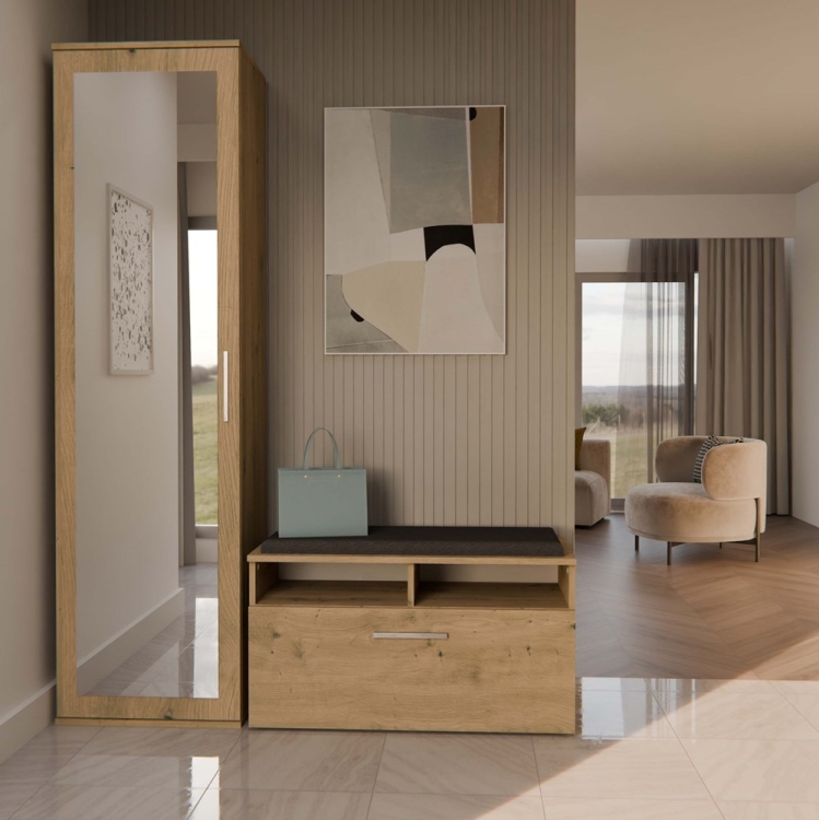 Garderoba do przedpokoju dąb artisan DUET 50 cm z lustrem i miejscem na ubrania jako funkcjonalny mebel do korytarza.