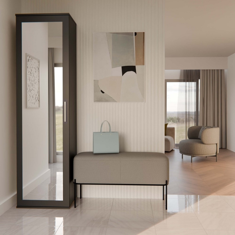 Garderoba do przedpokoju czarna DUET 50 cm z lustrem i miejscem na ubrania jako praktyczny mebel do korytarza.