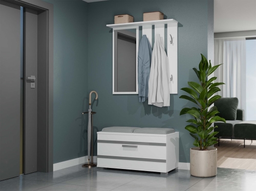 Garderoba do przedpokoju biała KAMA 85 cm z lustrem, siedziskiem i miejscem na buty jako praktyczny mebel do korytarza.