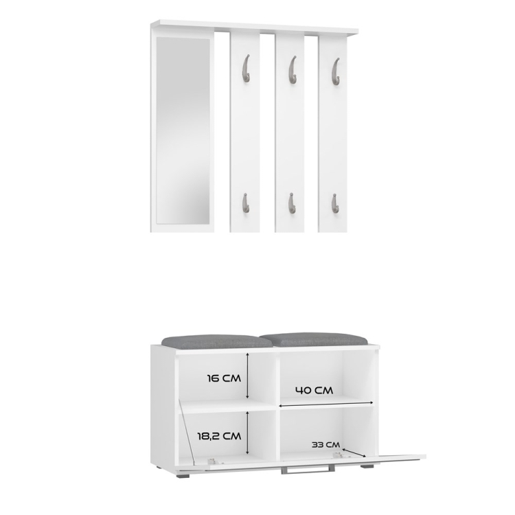 Zestaw do przedpokoju z lustrem i siedziskiem KAMA 85 cm biały z półkami i wieszakiem na ubrania.