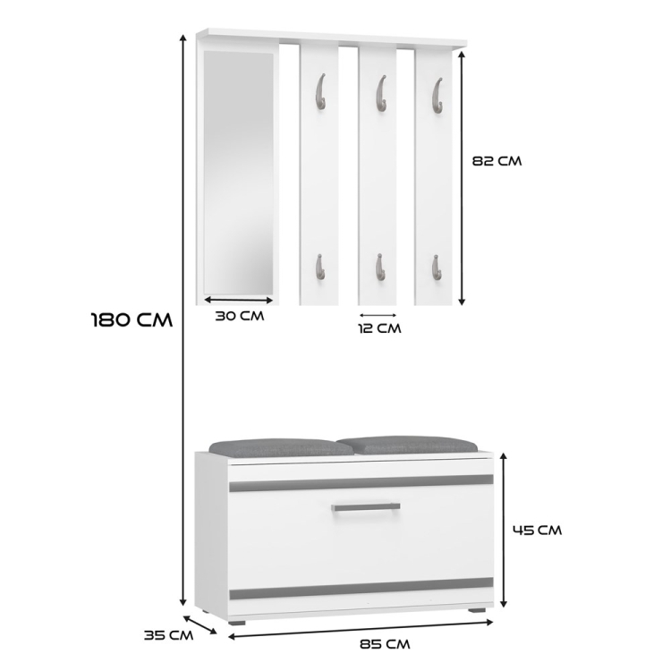 Szafka na buty z siedziskiem i wieszakiem KAMA 85 cm biała do organizacji przestrzeni w przedpokoju.