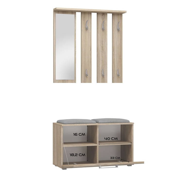 Zestaw do przedpokoju z lustrem i siedziskiem KAMA 85 cm dąb artisan z półkami i wieszakiem na ubrania.
