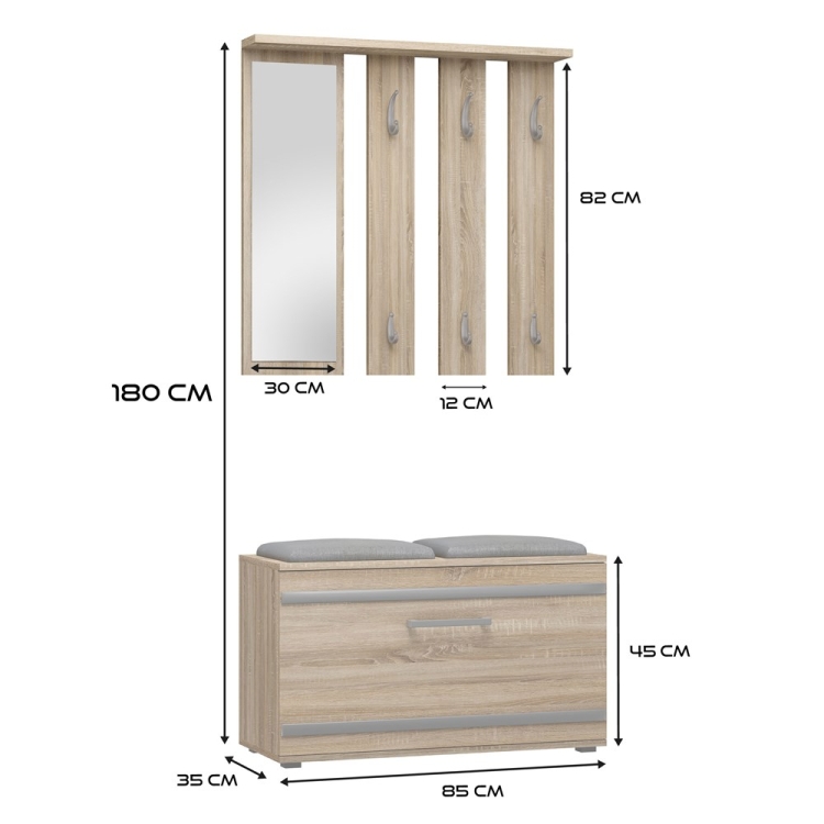 Szafka na buty z siedziskiem i wieszakiem KAMA 85 cm dąb artisan do organizacji przestrzeni w przedpokoju.