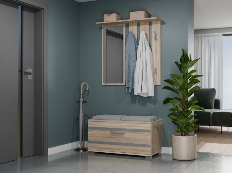 Garderoba do przedpokoju dąb artisan KAMA 85 cm z lustrem, siedziskiem i miejscem na buty jako praktyczny mebel do korytarza.