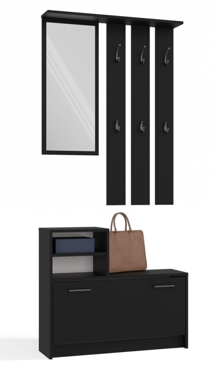 Garderoba do przedpokoju z lustrem czarna GABRIEL 85 cm z szafką na buty i wieszakiem jako praktyczny zestaw do przedpokoju.