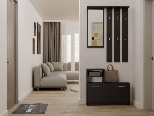 Garderoba do przedpokoju czarna GABRIEL 85 cm z lustrem i miejscem na buty jako funkcjonalny mebel do korytarza.