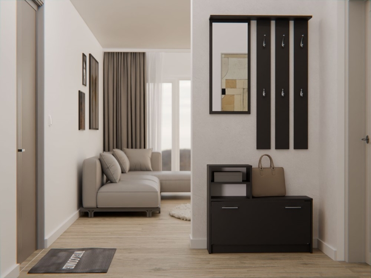 Garderoba do przedpokoju czarna GABRIEL 85 cm z lustrem i miejscem na buty jako funkcjonalny mebel do korytarza.