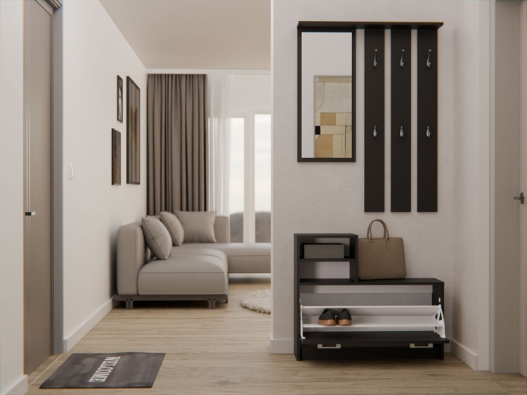 Zestaw do przedpokoju z lustrem GABRIEL 85 cm czarny z półkami i wieszakiem na ubrania.