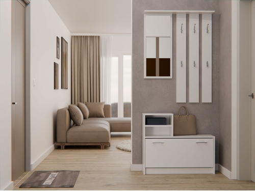 Garderoba do przedpokoju biała GABRIEL 85 cm z lustrem i miejscem na buty jako praktyczny mebel do korytarza.