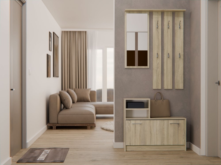 Garderoba do przedpokoju dąb sonoma GABRIEL 85 cm z lustrem i miejscem na buty jako praktyczny mebel do korytarza.