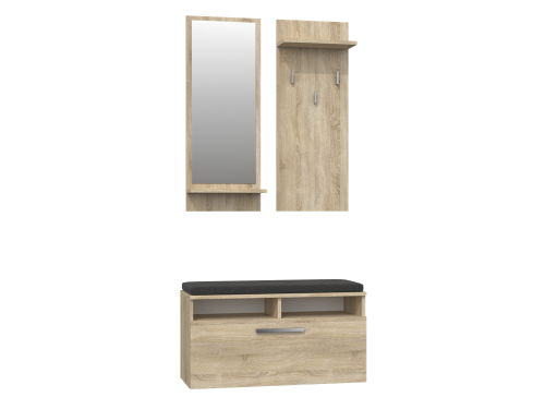 Garderoba do przedpokoju z lustrem i siedziskiem dąb sonoma RIVIVA 85 cm z szafką na buty i wieszakiem jako funkcjonalny zestaw do przedpokoju.