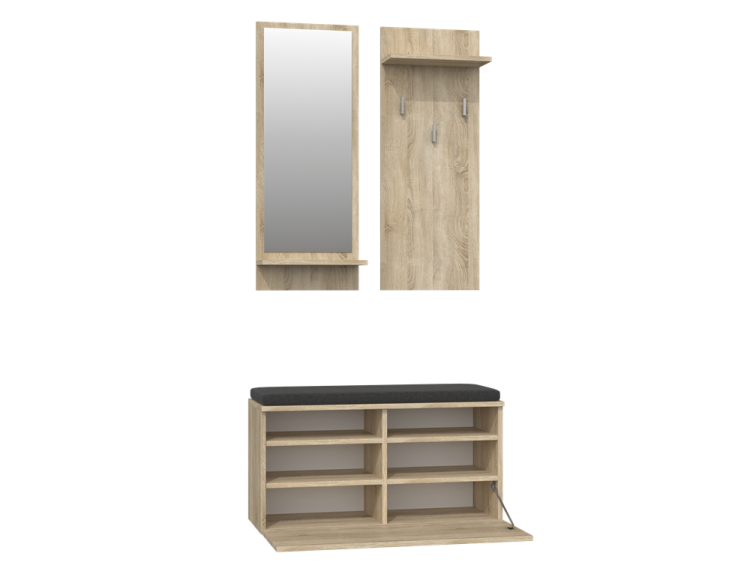 Zestaw do przedpokoju z lustrem i siedziskiem RIVIVA 85 cm dąb sonoma z półkami i wieszakiem na ubrania.