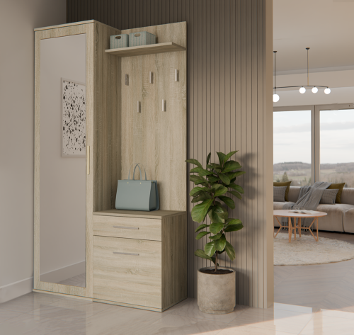 Garderoba do przedpokoju dąb sonoma DOMINO 100 cm z lustrem i wieszakami na ubrania jako praktyczny mebel do korytarza.