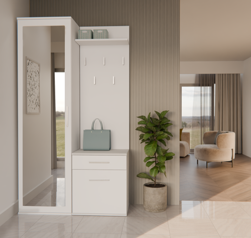 Garderoba do przedpokoju z lustrem DOMINO 100 cm biała z wieszakiem i szafką na buty jako praktyczny zestaw do przedpokoju.