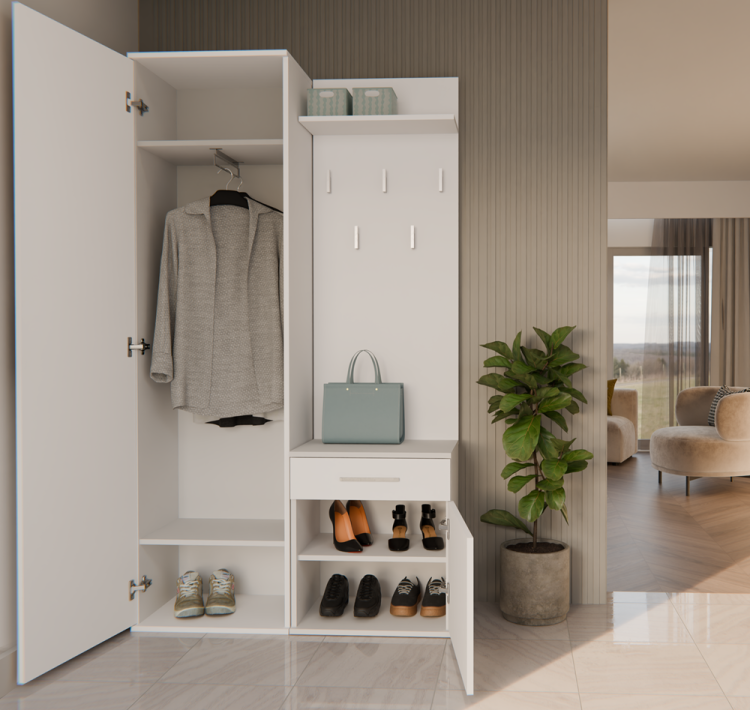 Zestaw do przedpokoju z lustrem i wieszakiem DOMINO 100 cm w kolorze białym z miejscem do przechowywania obuwia.