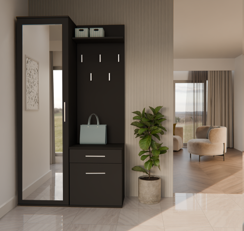 Garderoba do przedpokoju z lustrem DOMINO 100 cm czarna z wieszakiem i szafką na buty jako praktyczny zestaw do przedpokoju.