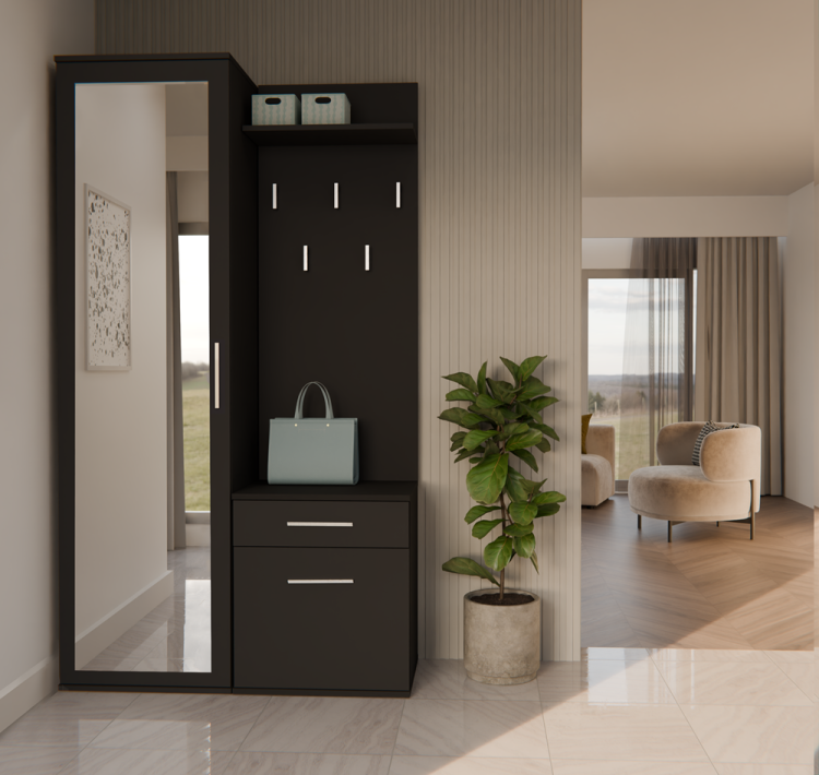 Garderoba do przedpokoju z lustrem DOMINO 100 cm czarna z wieszakiem i szafką na buty jako praktyczny zestaw do przedpokoju.